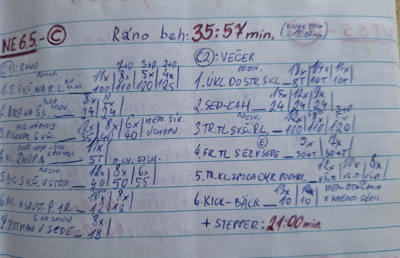 Handwritten record of two strength workouts in a paper Training Diary from 2001.