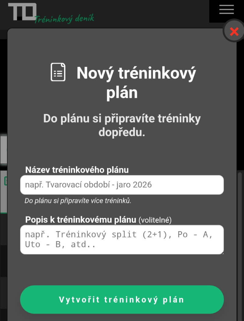 Modal pro vytvoření nového tréninkového plánu v aplikaci tréninkový deník (TD) s poli pro název plánu a jeho popis.