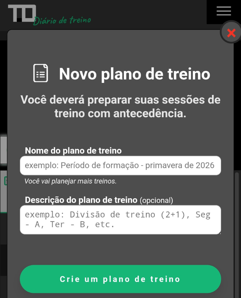 Modal para criação de um novo plano de treino no aplicativo diário de treino (TD) com campos para o nome do plano e sua descrição.