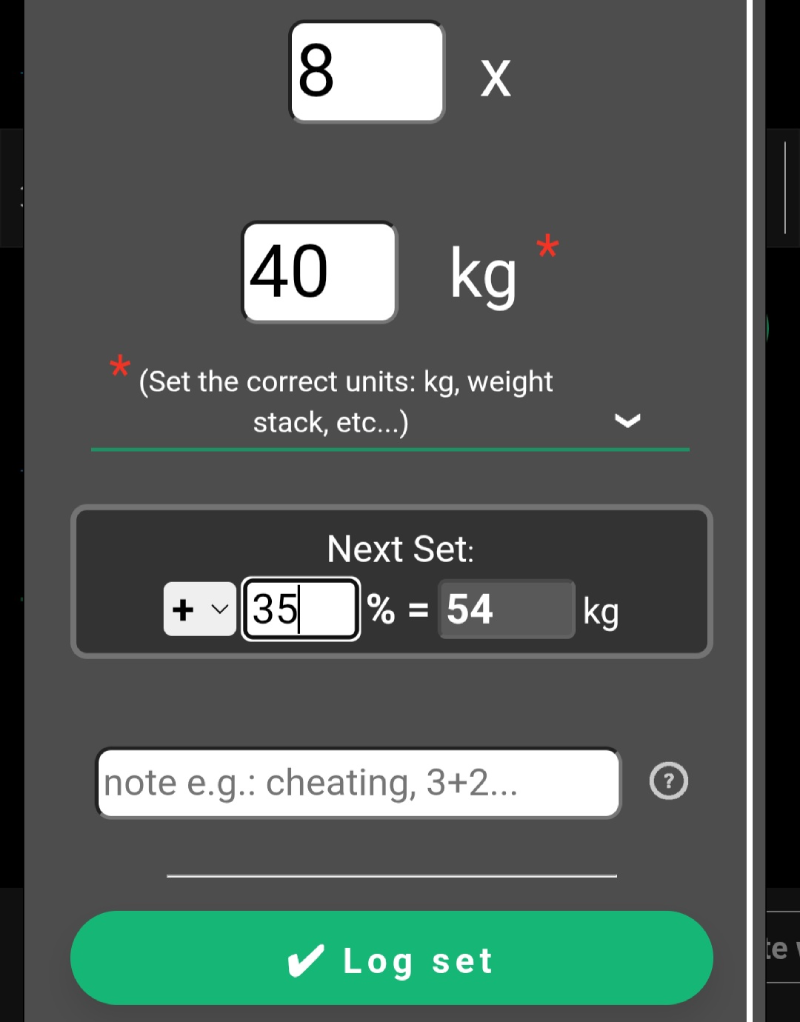 Detail of a set entry in the Training Diary (TD) app showing the number of repetitions, the weight used, and the suggested weight for the next set.