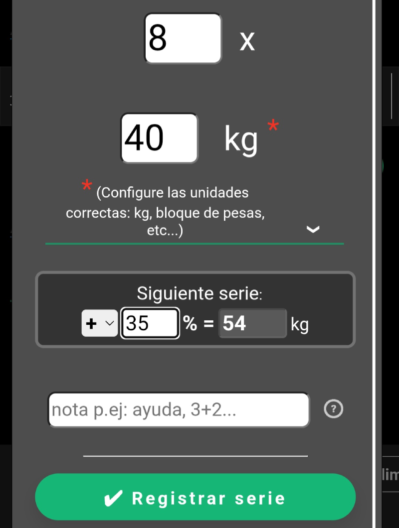 Detalle del registro de una serie en la aplicación diario de entreno (TD) con el número de repeticiones, el peso utilizado y la propuesta de peso para la siguiente serie.