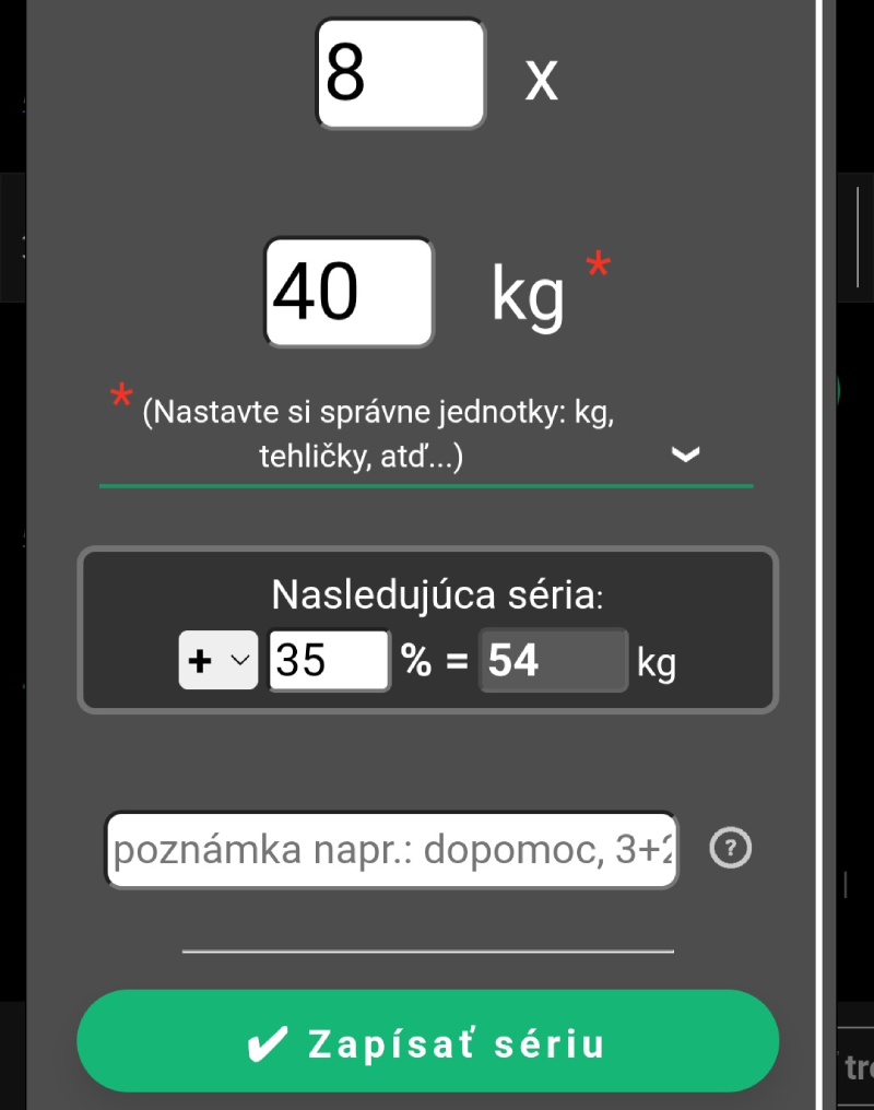 Detail zápisu série v aplikácii Tréningový denník (TD) s počtom opakovaní, použitou záťažou a návrhom záťaže pre nasledujúcu sériu.