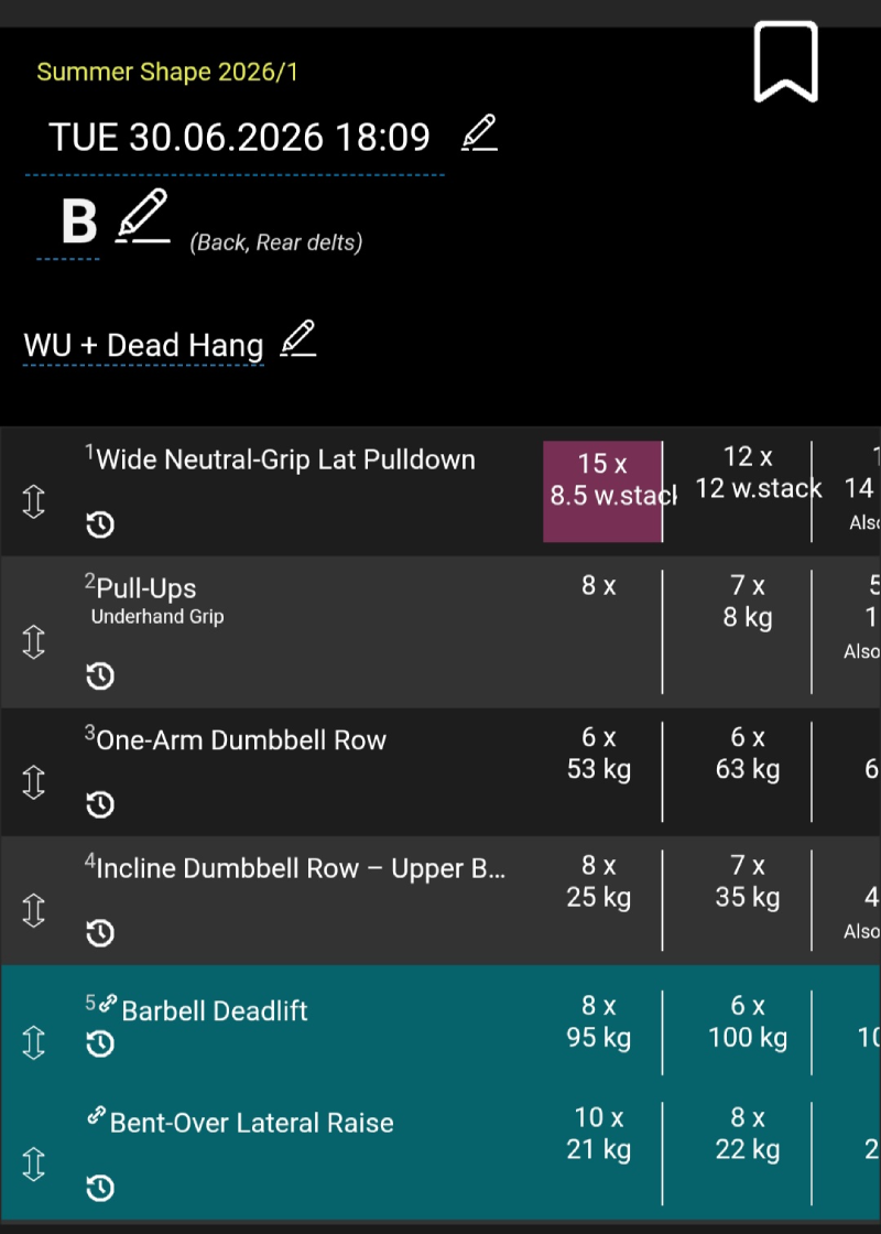 Detail of a workout record in the Training Diary (TD) application.