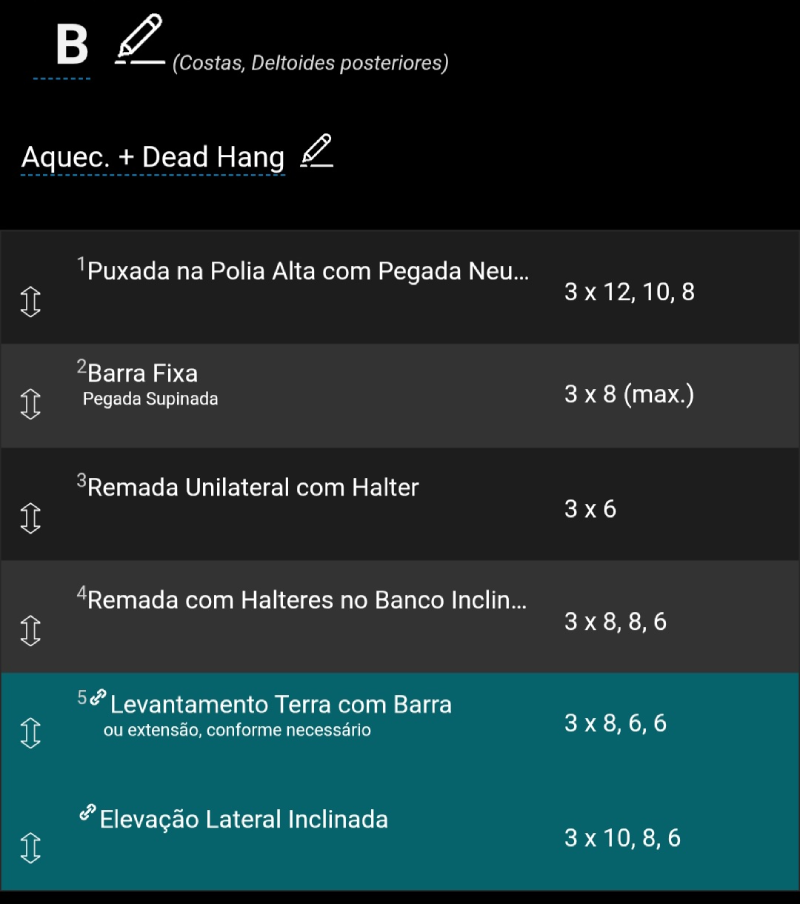Detalhe de um plano de treino no aplicativo Diário de treino (TD) com exercícios, séries e repetições planejados.