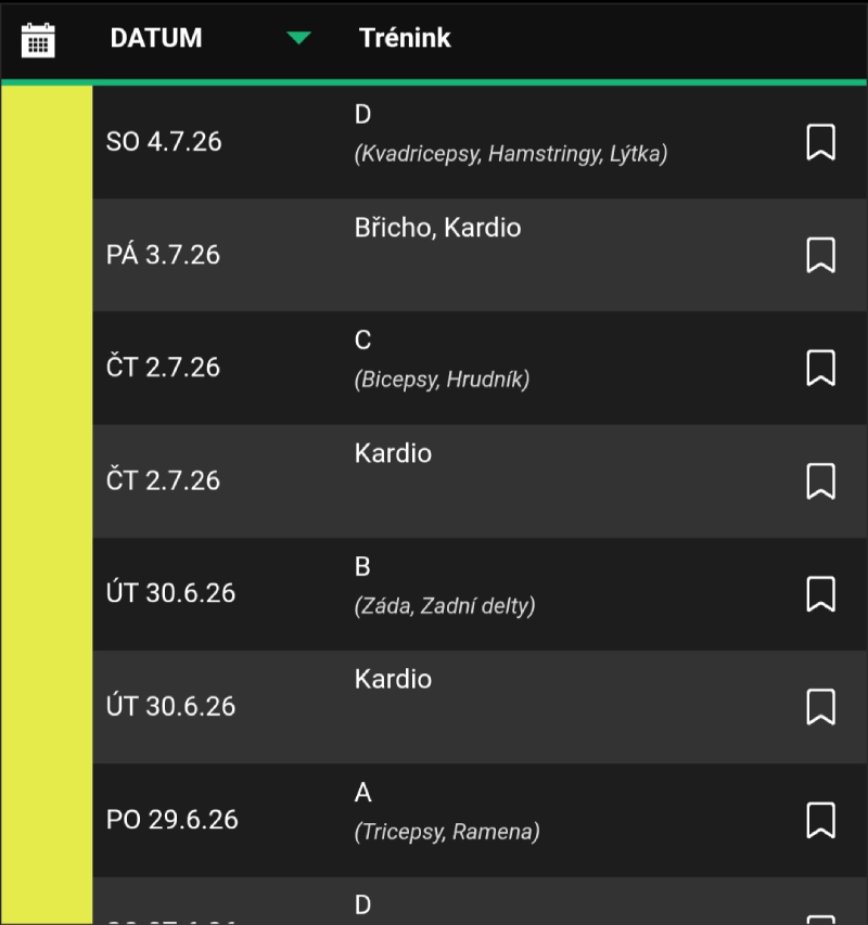 Tabulkový seznam posledních tréninků v aplikaci tréninkový deník (TD) s daty a názvy tréninků.
