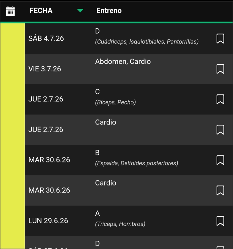 Lista en formato tabla de los últimos entrenos en la aplicación diario de entreno (TD) con fechas y nombres de entrenos.
