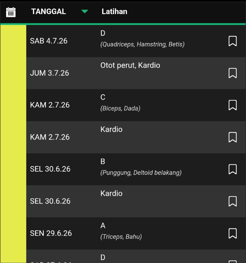 Daftar tabel latihan terakhir dalam aplikasi jurnal latihan (TD) dengan tanggal dan nama latihan.