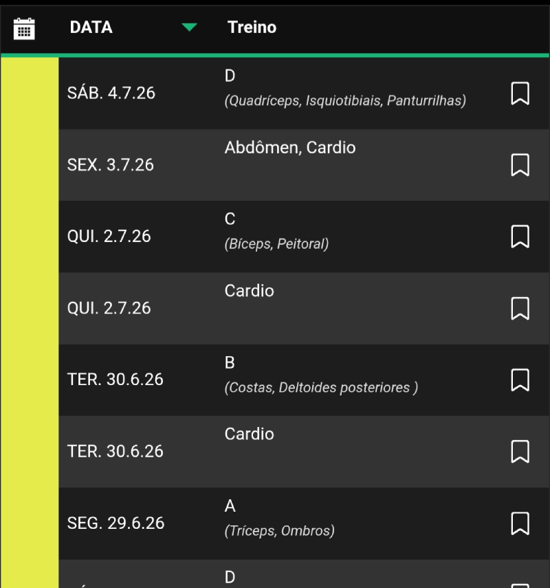 Lista em tabela dos últimos treinos no aplicativo diário de treino (TD) com datas e nomes dos treinos.