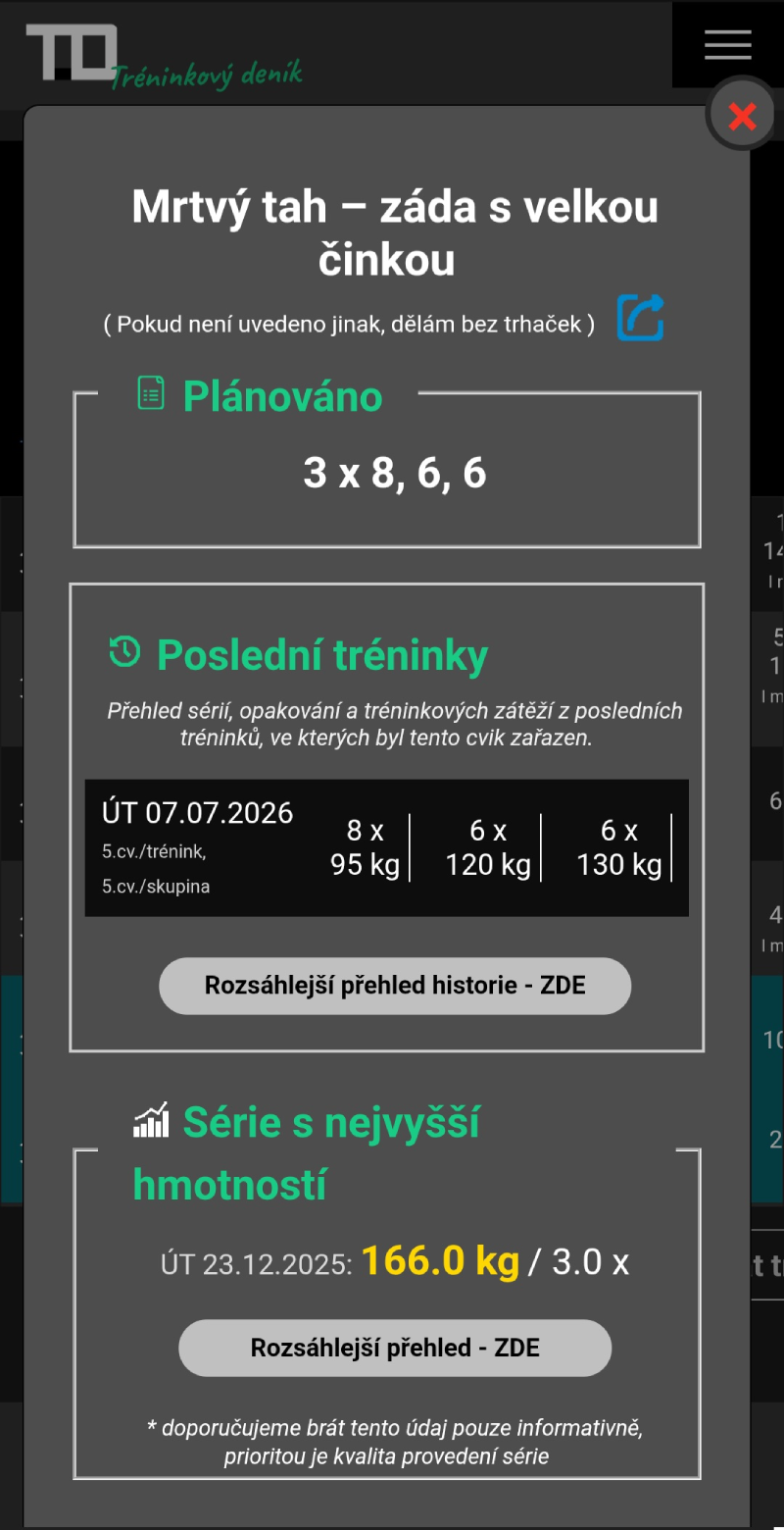 Detail cviku v tréninkovém deníku TD s přehledem předchozích sérií, použitých vah, počtu opakování a nejlepšího dosaženého výkonu