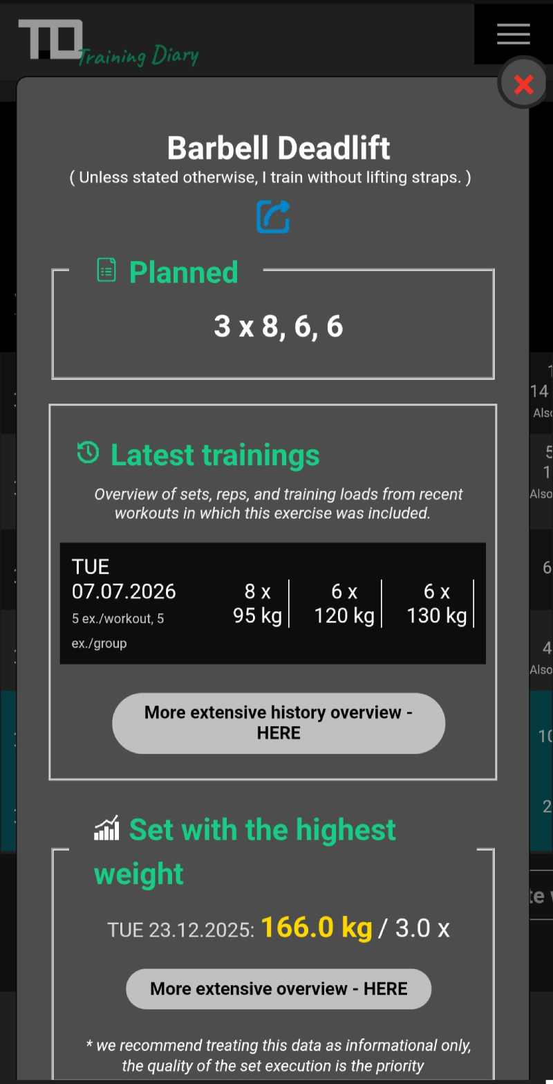 Exercise details in the TD Training Diary with an overview of previous sets, weights used, repetitions, and the best recorded performance