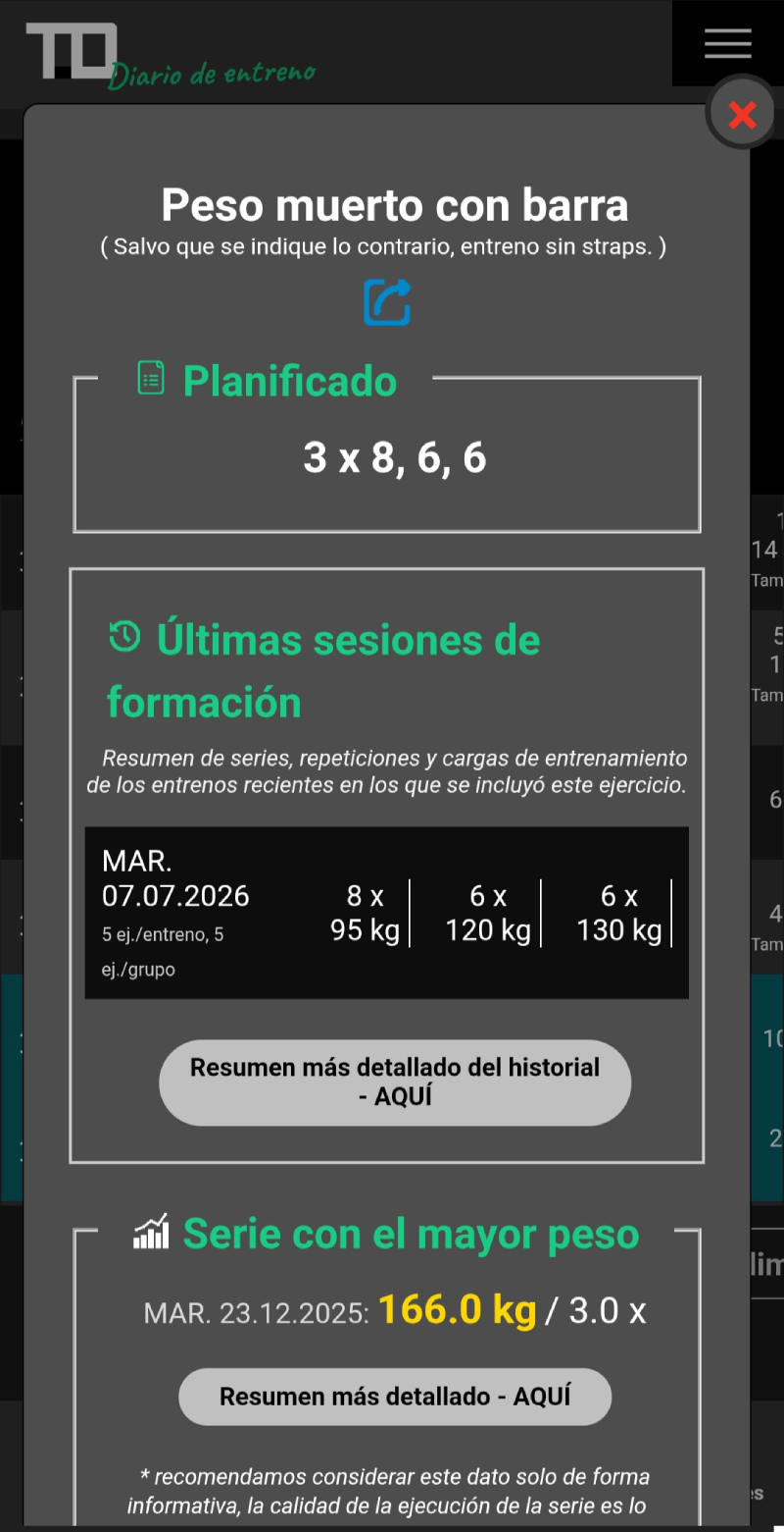 Detalle del ejercicio en el diario de entreno TD con un resumen de las series anteriores, los pesos utilizados, las repeticiones y el mejor rendimiento registrado
