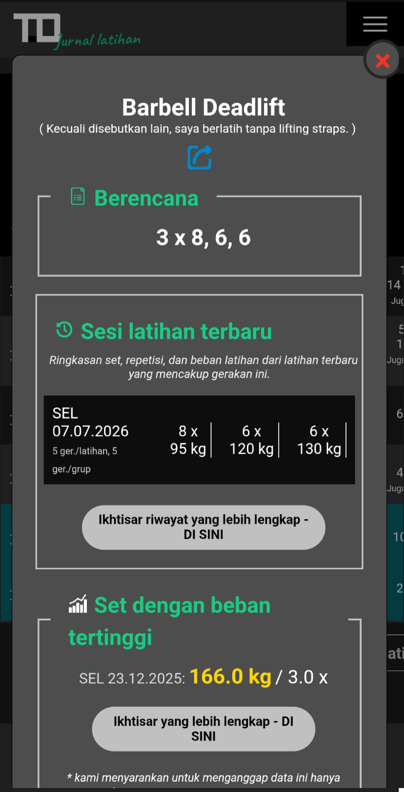 Detail gerakan di Jurnal latihan TD dengan riwayat set sebelumnya, beban yang digunakan, jumlah repetisi, dan performa terbaik