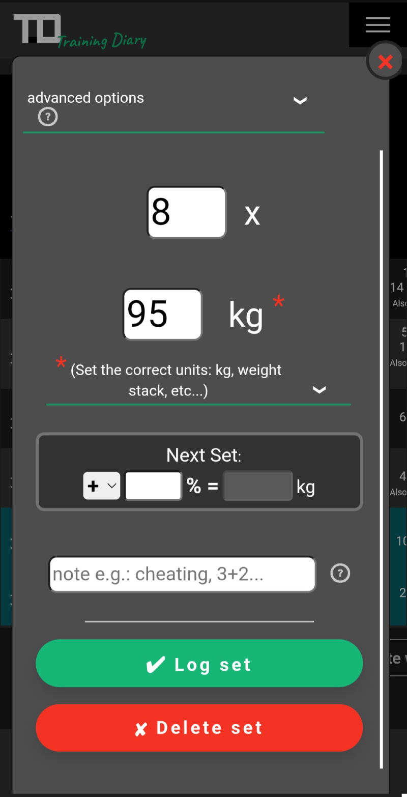 Workout set entry in the TD Training Diary with weight, reps, notes, and planned load for the next set