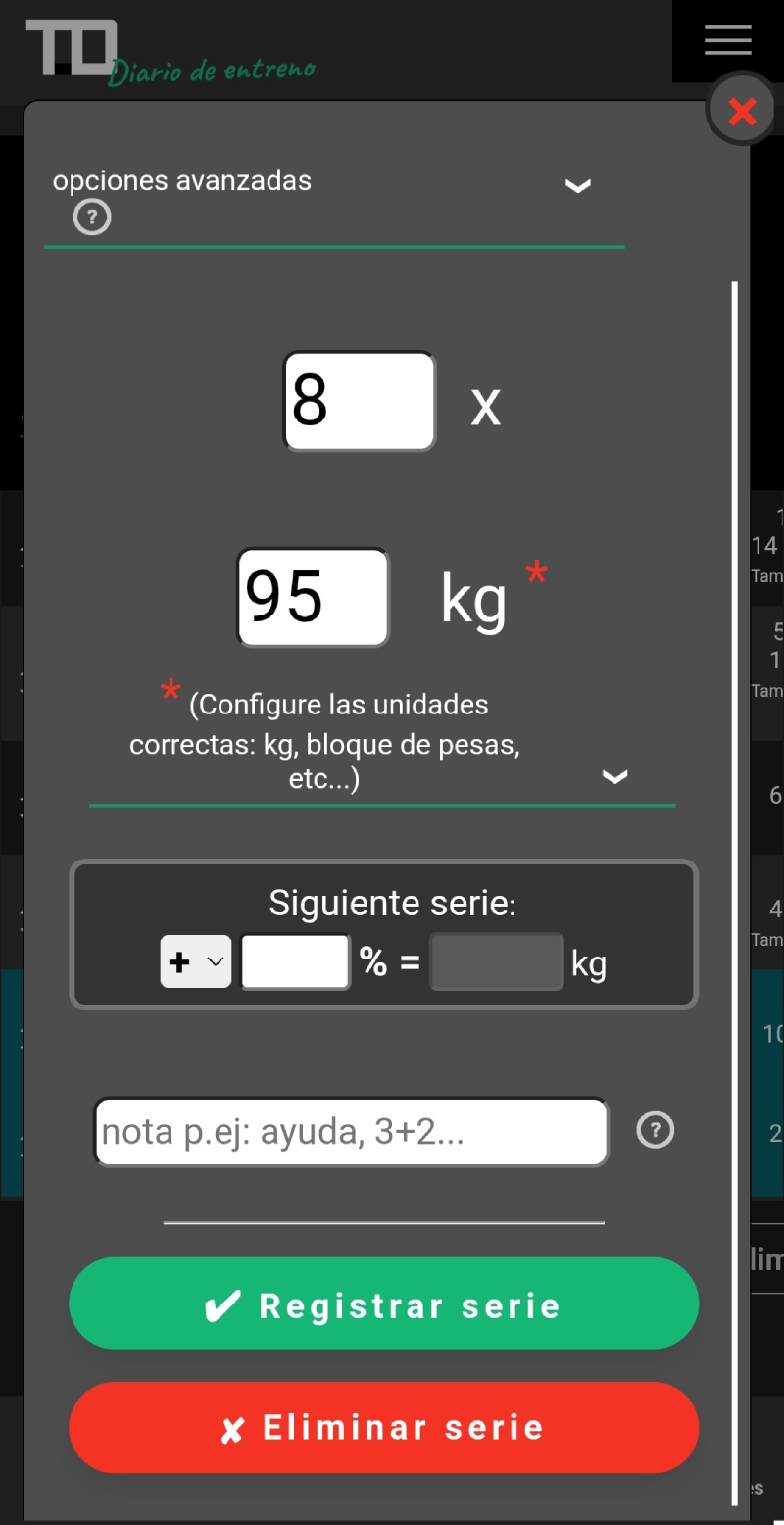 Registro de una serie en el diario de entreno TD con el peso, las repeticiones, las notas y la planificación de la carga para la siguiente serie