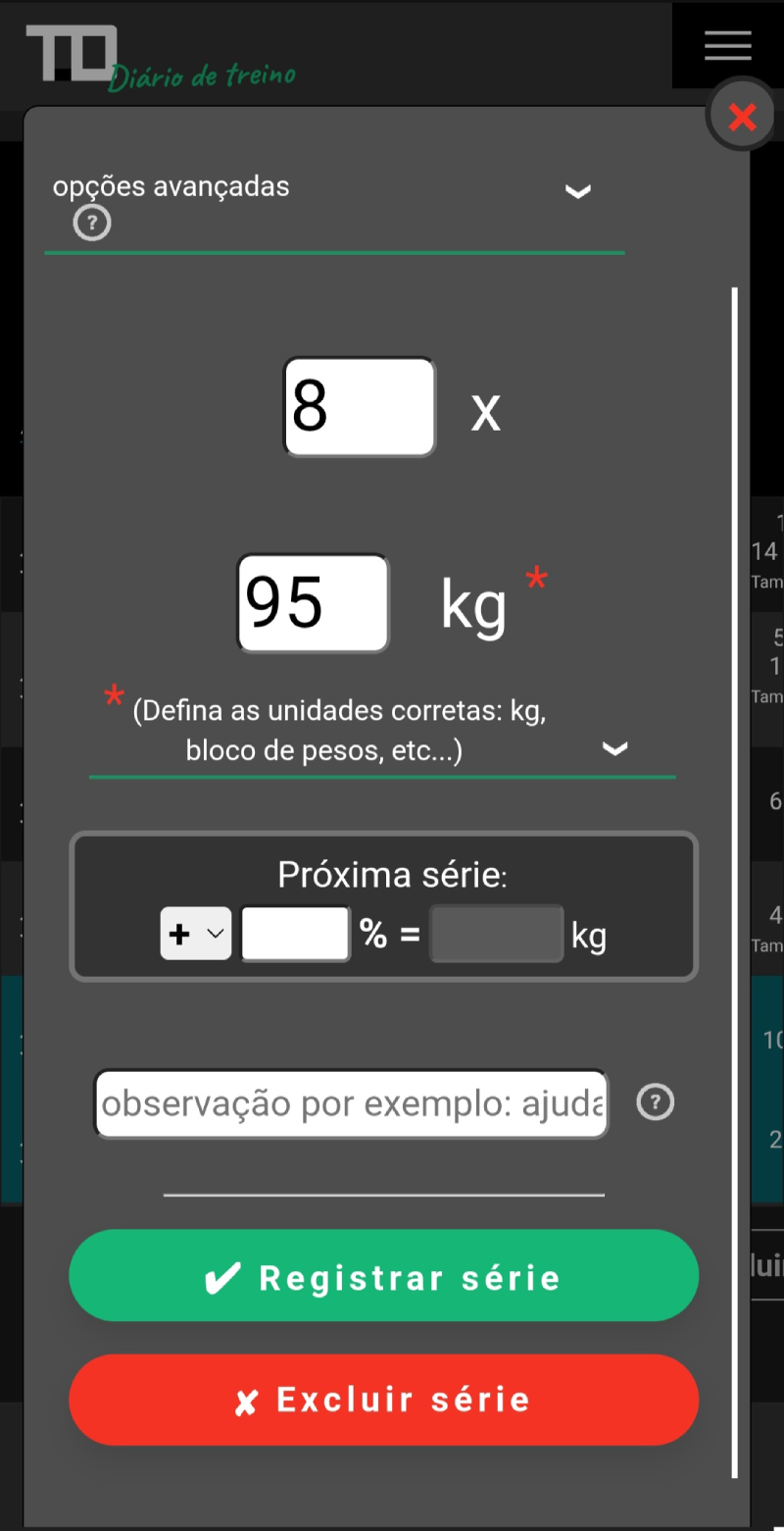 Registro de uma série de treino no Diário de treino TD com carga, repetições, observações e planejamento da carga para a próxima série