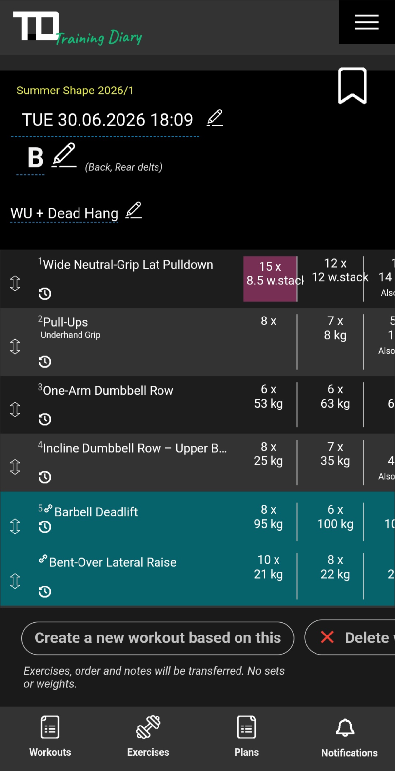 Recorded workout details in the TD Training Diary including the date, exercises, weights used, reps, and set notes