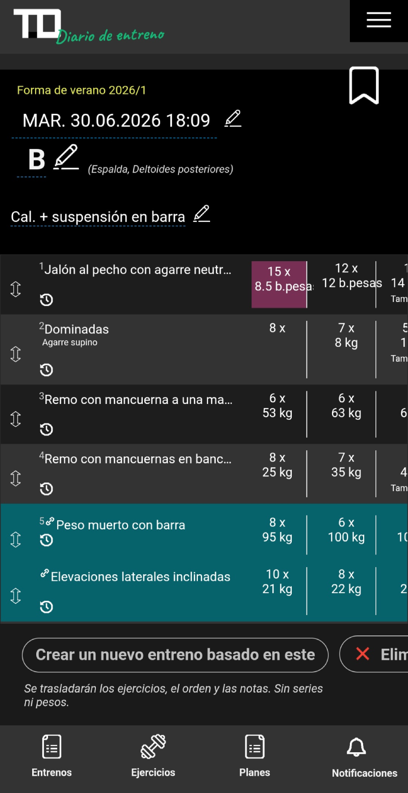 Detalle de un entreno registrado en el diario de entreno TD con la fecha, los ejercicios, los pesos utilizados, las repeticiones y las notas de las series