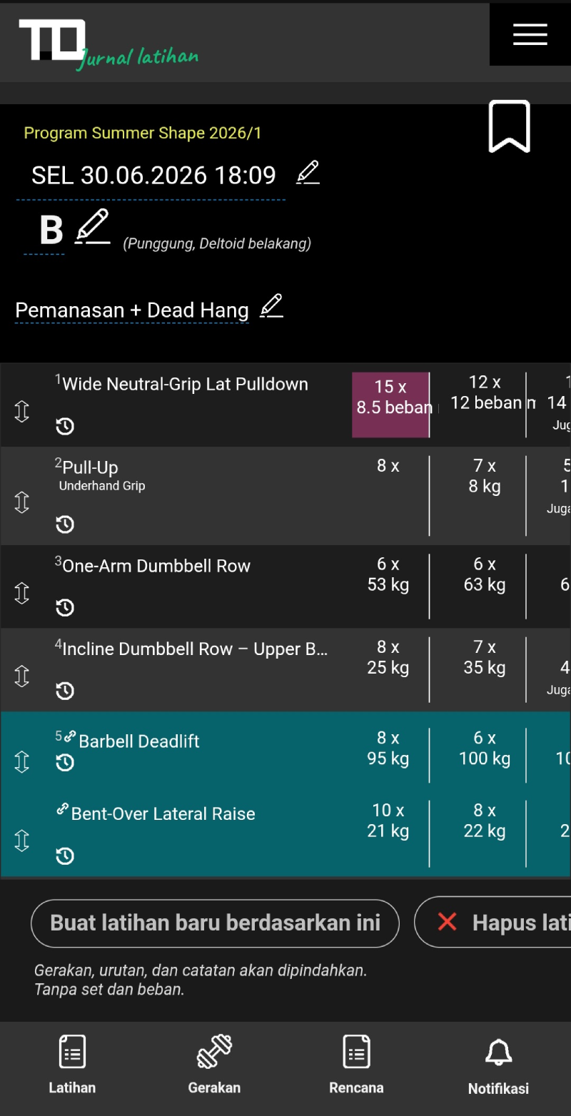 Detail latihan yang tersimpan di Jurnal latihan TD dengan tanggal, gerakan, beban yang digunakan, jumlah repetisi, dan catatan setiap set