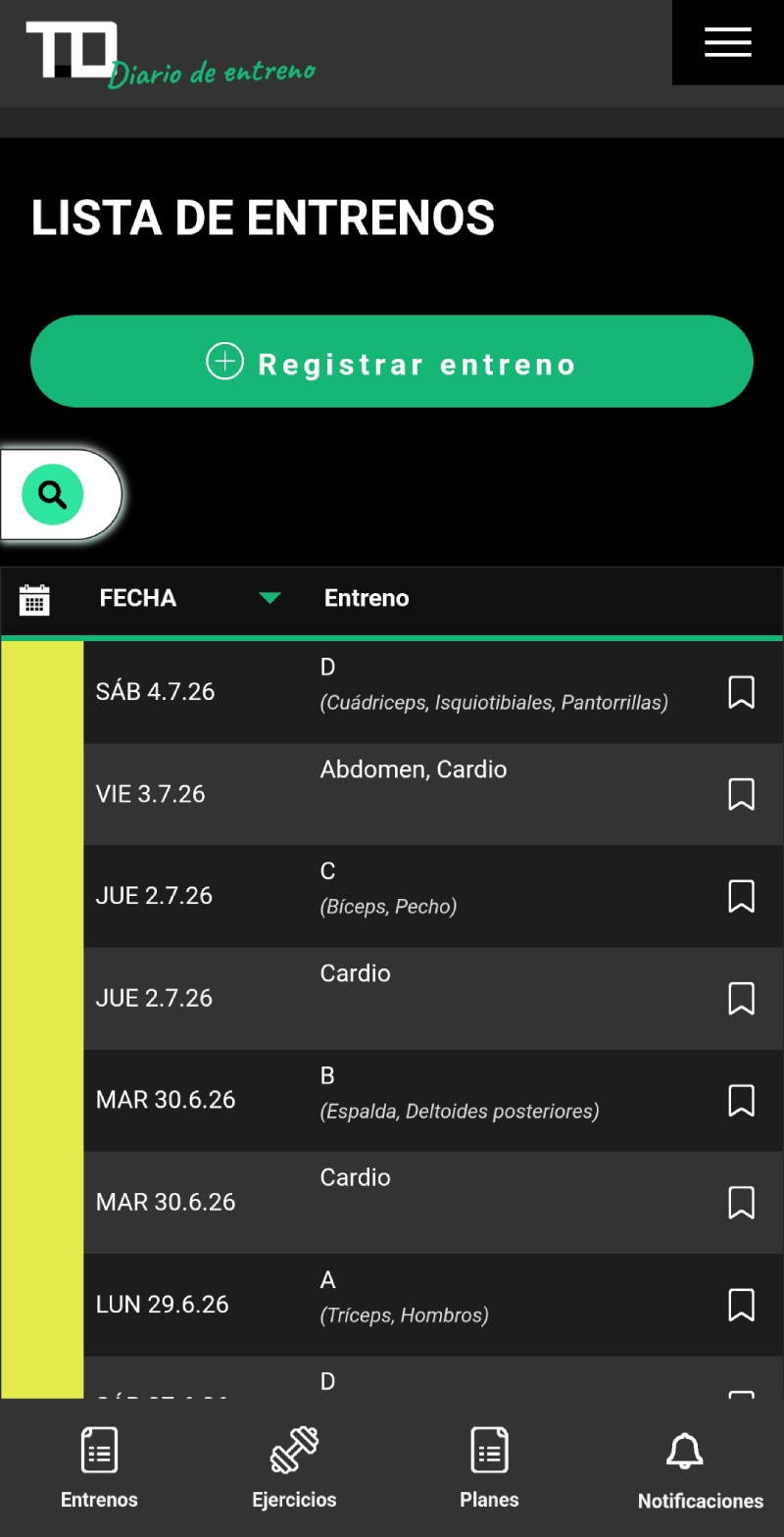 Lista de entrenos registrados en el diario de entreno TD con un resumen de las fechas y los nombres de los entrenos