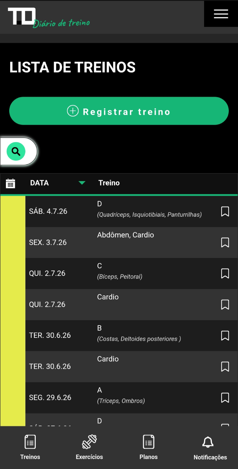 Lista de treinos registrados no Diário de treino TD com a visão geral das datas e dos nomes dos treinos